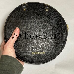 NEW! BANDOLIER Rare Black Pebbled Leather Round Purse! Gold